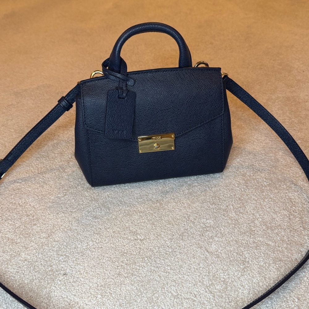 Tumi Navy Blue Pebbled Leather Mini Top Handle Crossbody Bag - Picture 2 of 10